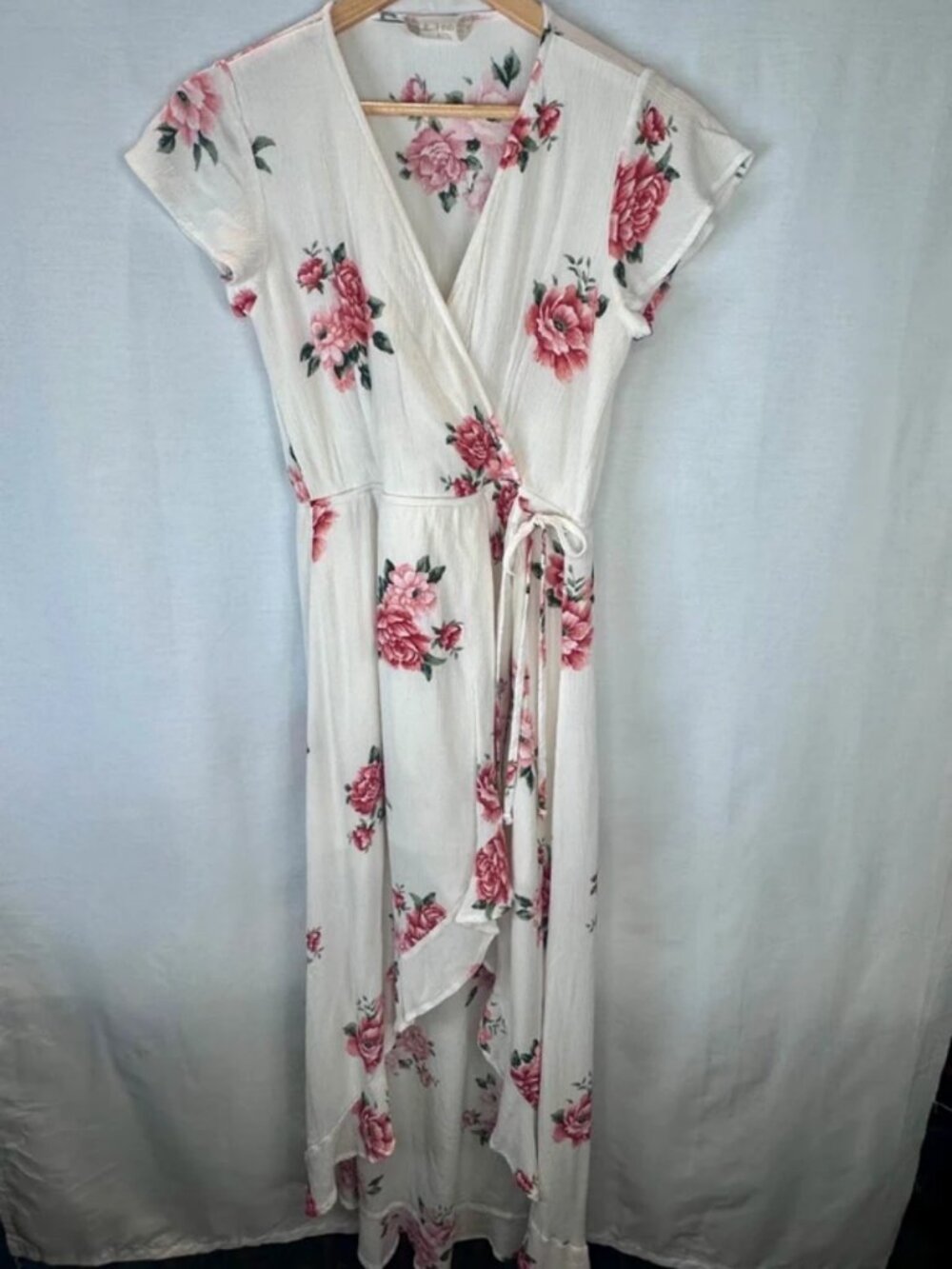 Altar’d State Small Ivory Pink Floral Faux Wrap Dress Tie Waist Ruffle Hem